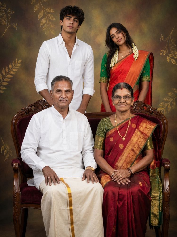 👨‍👩‍👧‍👦 Timeless South Indian Family Portrait — AI image prompt example generated with this prompt
