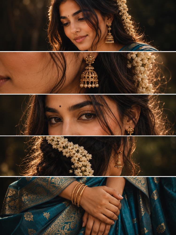 🌸 Cinematic South Indian Editorial Collage — AI image prompt example generated with this prompt