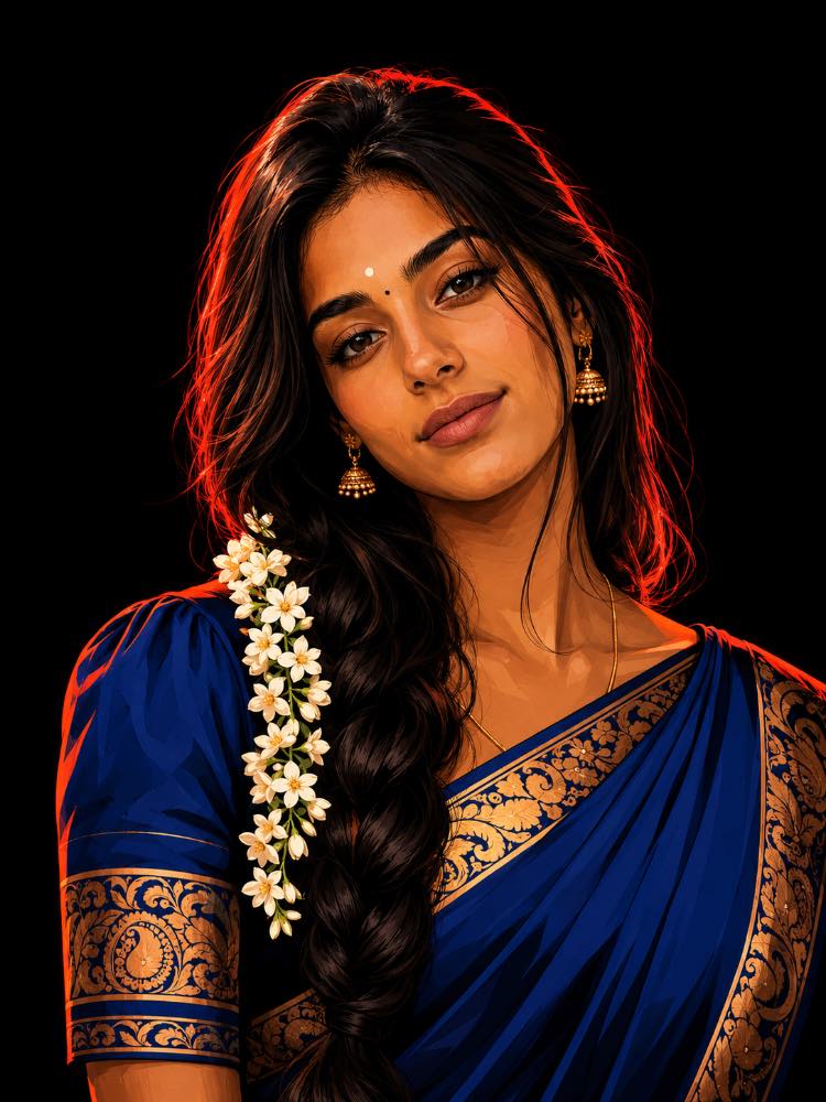 🌺 Royal Blue South Indian Portrait — AI image prompt example