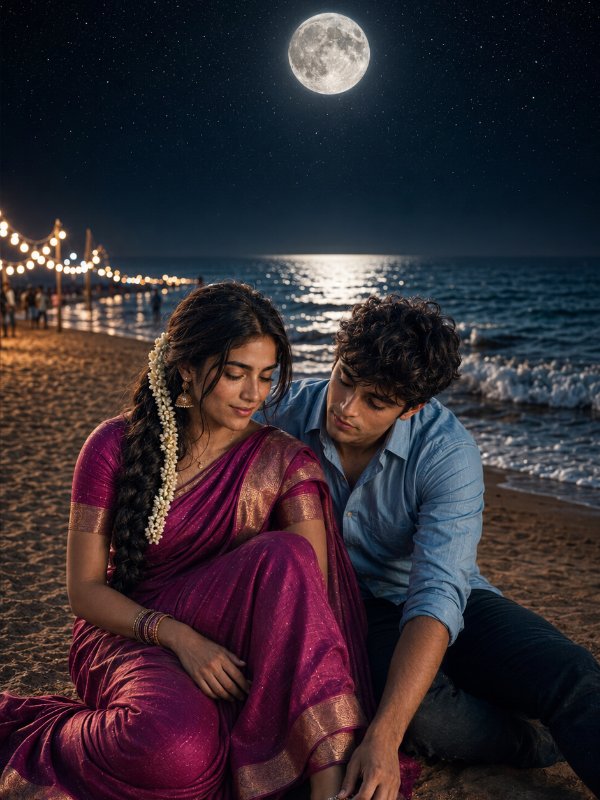 Moonlit Beach Love Story — AI image prompt example