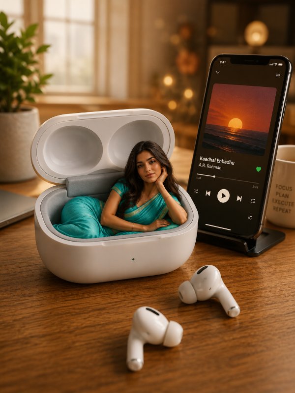 Tiny Tunes | Miniature Earbuds Fantasy Portrait — AI image prompt example