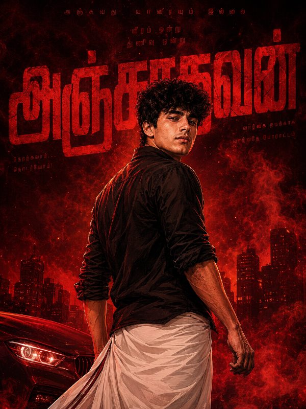 🔥 அஞ்சாதவன் | Tamil Mass Hero First-Look Poster — AI image prompt example