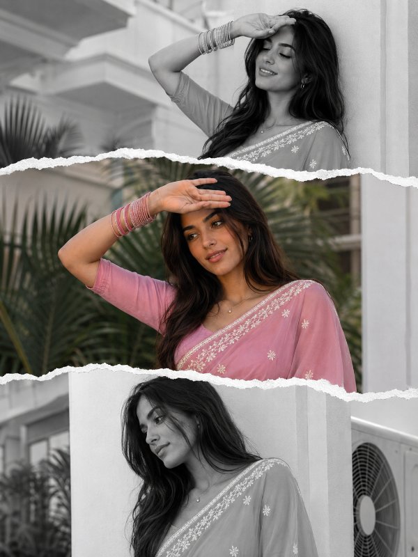 Selective Color Torn-Paper Saree Collage — AI image prompt example