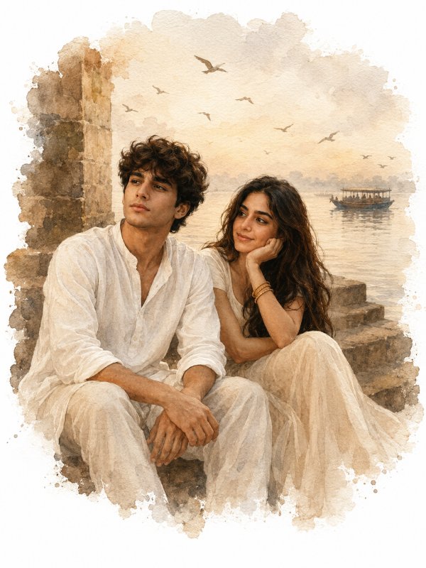 🎨🌅 Riverside Watercolor Romance — AI image prompt example