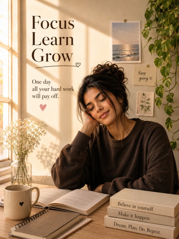 Focus • Learn • Grow 📖 — AI image prompt example
