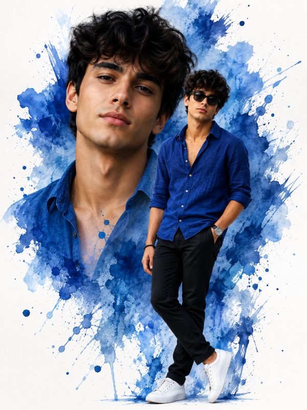 šØ Blue Splash Editorial Portrait ā AI image prompt example generated with this prompt