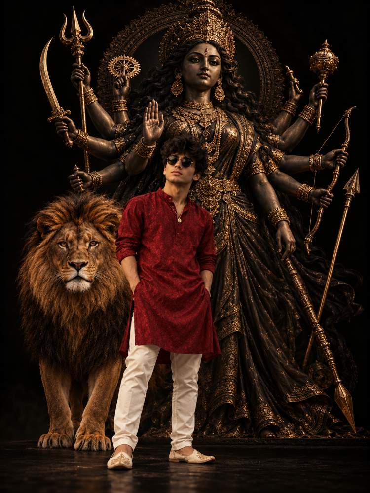 Ultra-HD Navratri Maa Durga and Lion Cinematic Portrait prompt