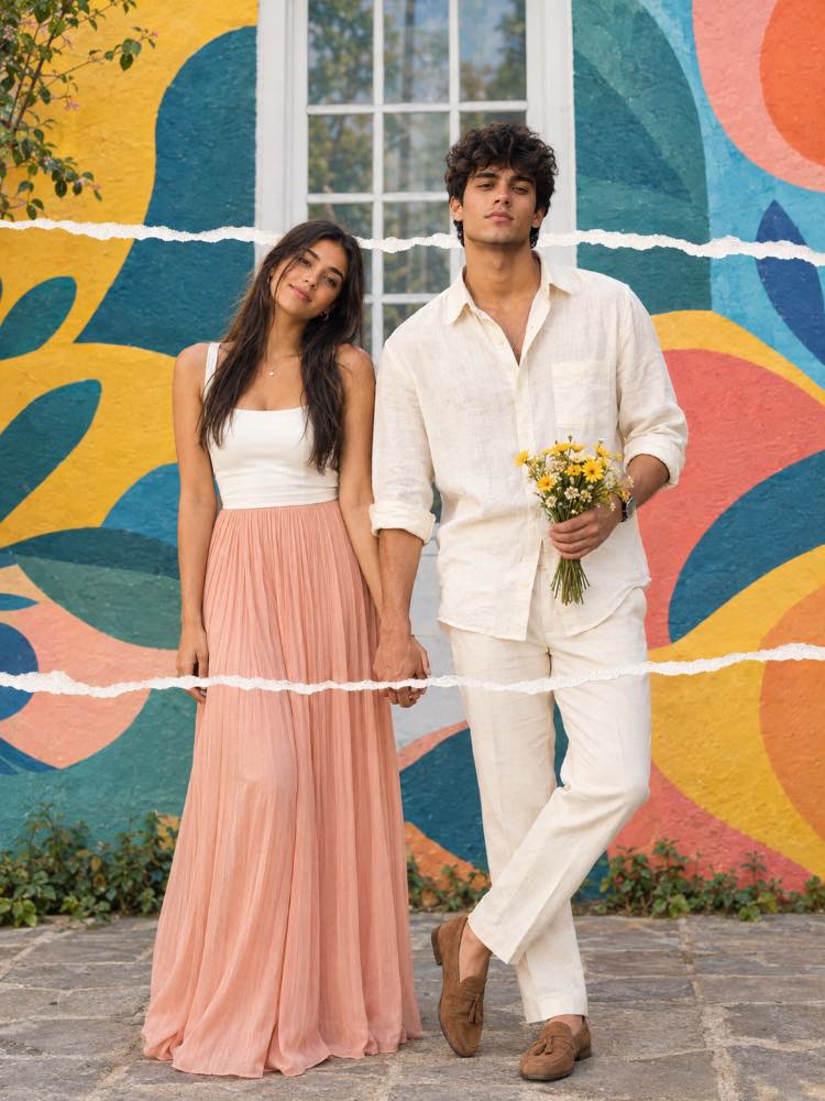 Colorful Pre-Wedding Couple Portrait with Mural Background