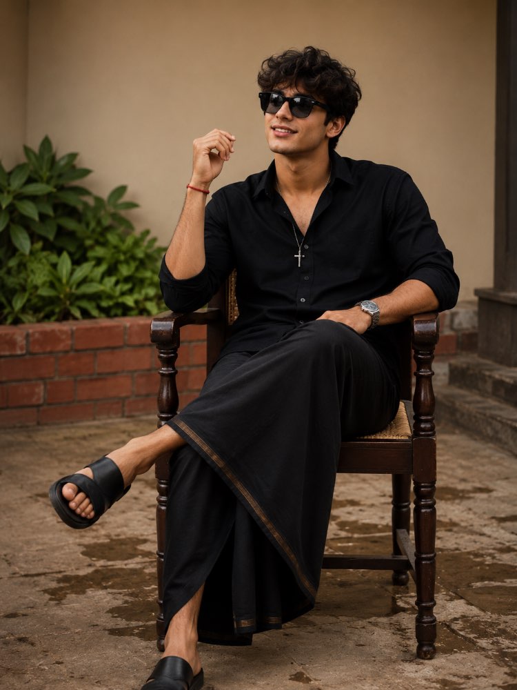🖤 Regal Black Veshti Portrait — AI image prompt example generated with this prompt